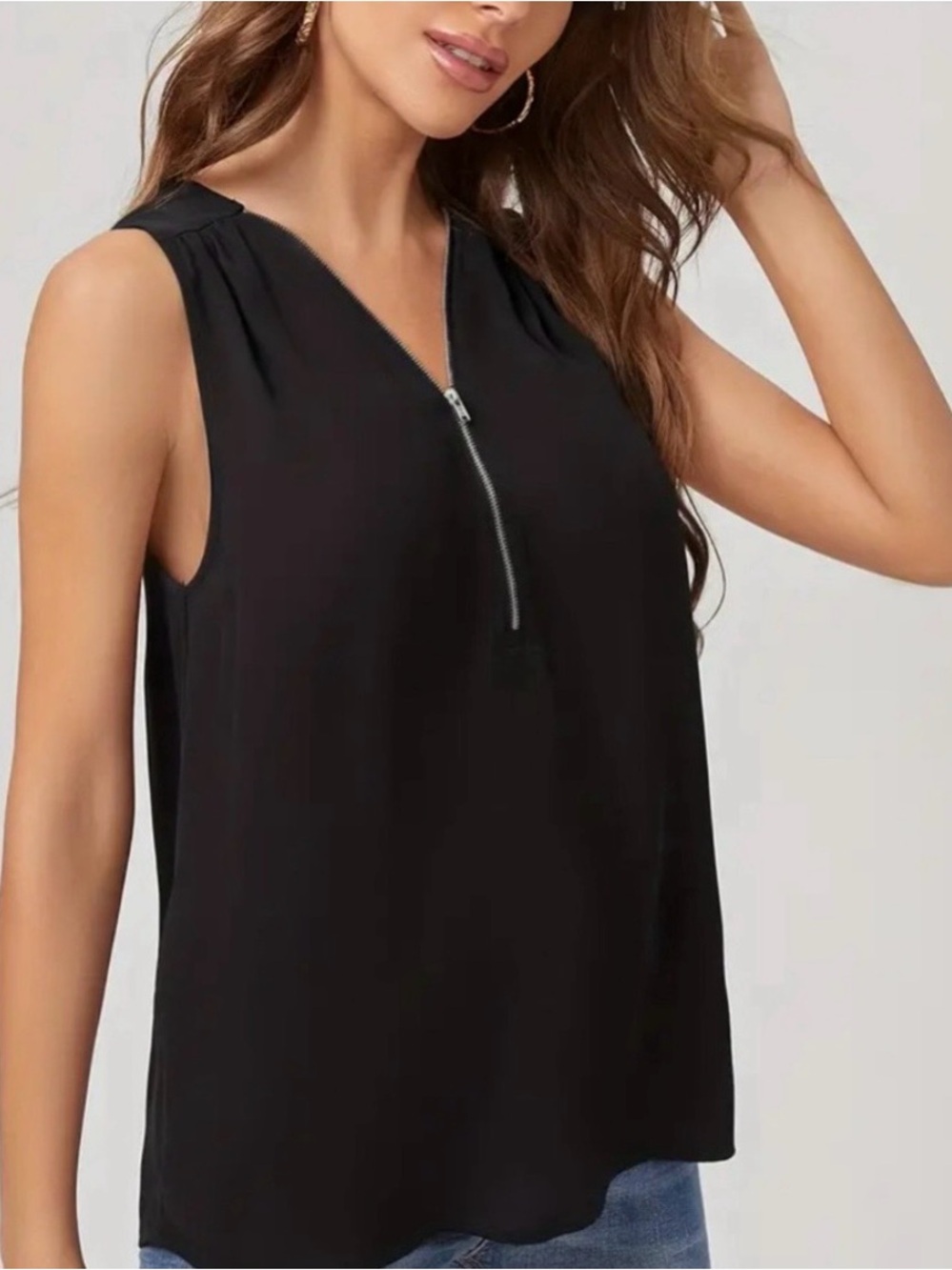INC International Concepts Black Half Zip Sleeveless Blouse